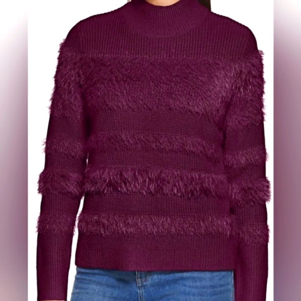 Calvin Klein fuzzy ribbed purple eyelash stripe sweater size M